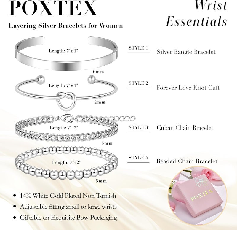 Poxtex 925 Sterling Silver Bracelets for Women Stack, 14K Gold Plated Bangle Cuff Jewelry Set Trendy, Adjustable Tennis Knot Twisted Bracelet for Wrist Essentials Women Fashion Gifts - Image 3